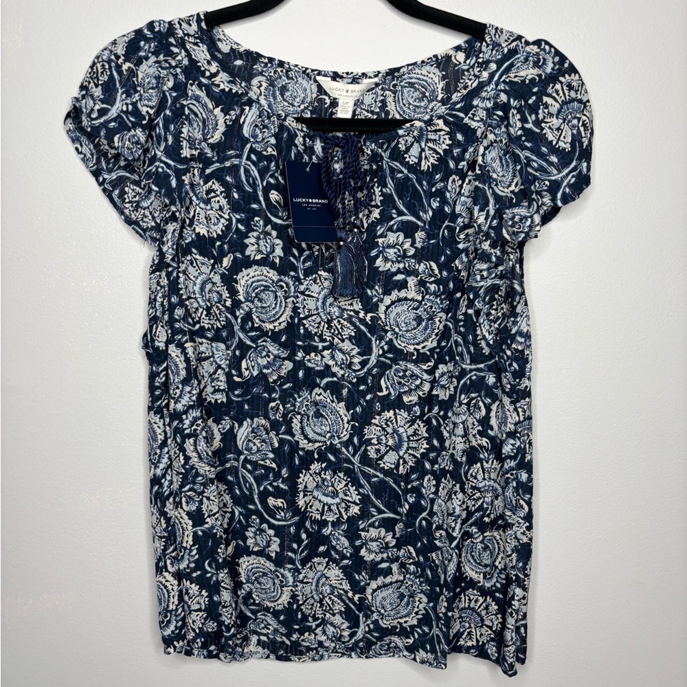 Lucky Brand boho peasant flutter sleeve top blouse blue size small petite